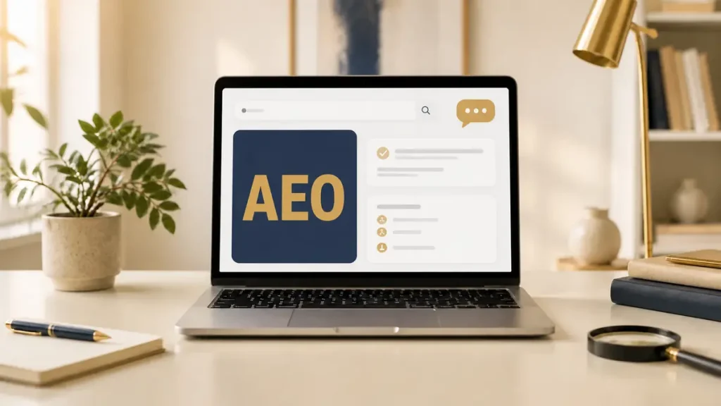 AEO answer engine optimization displayed on a laptop for AI search visibility