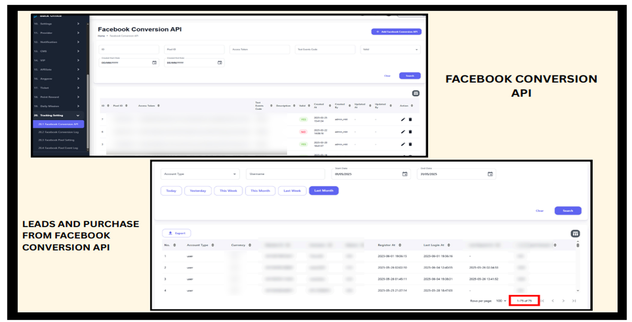 Facebook Conversion API backend showing event setup, leads, and purchase tracking