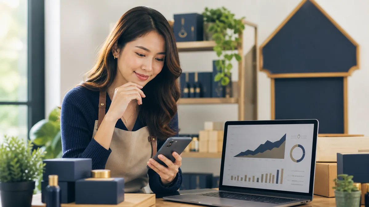 Small-business owner reviewing SEO performance on a laptop and phone